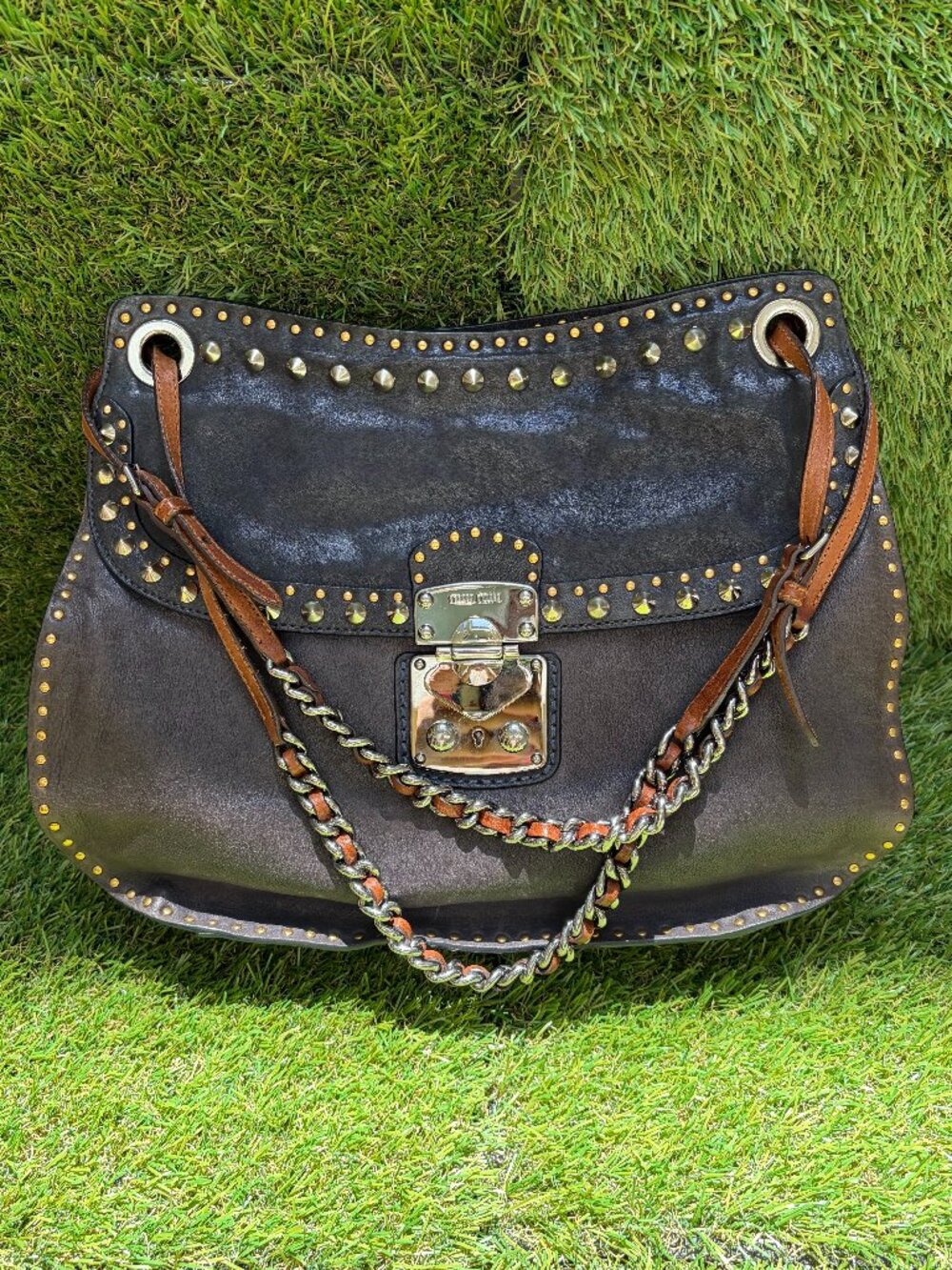 Miu Miu Studded Leather Shoulder Bag - Black - Picture 3 of 14